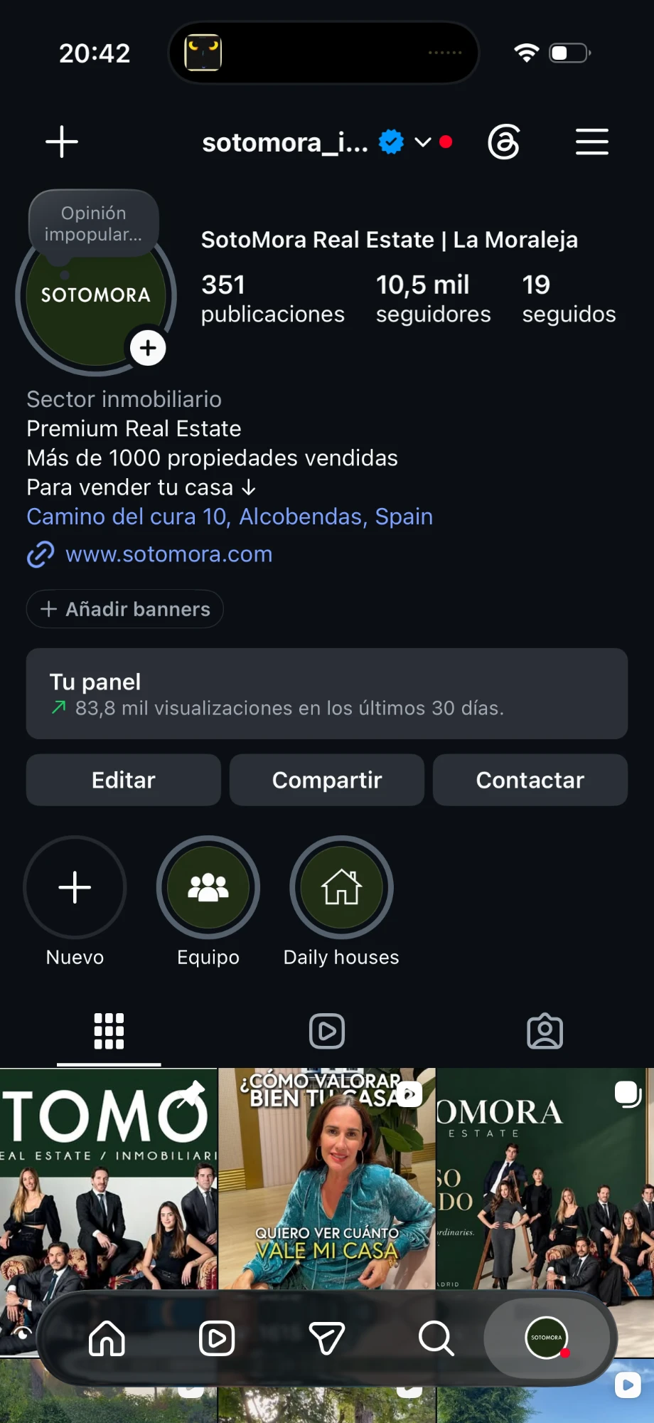 Perfil de SotoMora después: 10,5 mil seguidores y 83,8 mil visualizaciones en 30 días